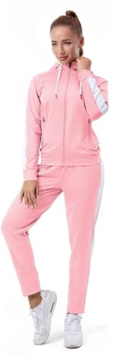 TEZO Damen-Trainingsanzug-Set mit Reißverschluss, langärmelig, lässig, Jogginganzug, Workout, Fitnessstudio, 2-teiliges Outfit mit Taschen, Rosa/Weiß, Large