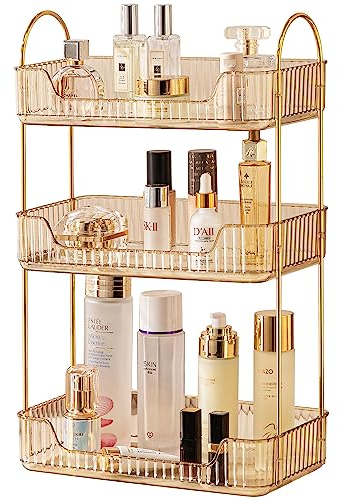 Bathroom Organiser Countertop, Vanity Trays for Bathroom, Skincare Makeup Organiser Shelf, Vanity Organiser, Bathroom Counter Shelf for Cosmetics, Toiletries, Lotions, Perfumes (3 Tiers, Amber)