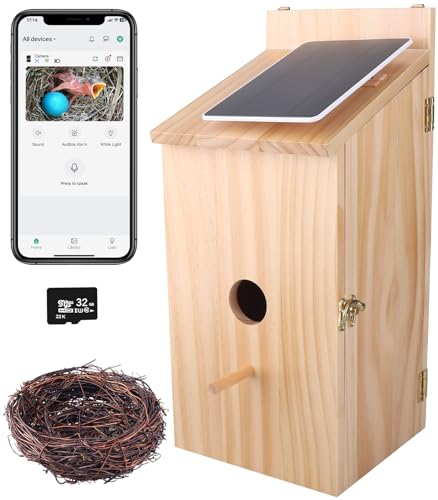 Vogelhaus-Kamera, Vogelhaus mit 1080P HD-Kamera Kabellos – 2,4 G WiFi & App Benachrichtigung Solarbetriebenes Smart Vogelhaus mit Nest Auto Capture Foto & Video, Wasserdichtes Holz Vogelhaus für