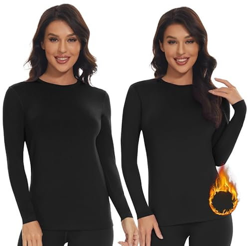 SIMIYA Thermal Tops Womens Round Neck Soft Base Layers Long Sleeve Top Women Thermal Underwear Shirt Warm Wicking (2 Pack Black, S)