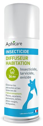 Aphicare - Insecticide habitat - spray diffuseur - Puces, Tiques, Punaises de lit - 150 ml - 36 m² - Fabriqué en France