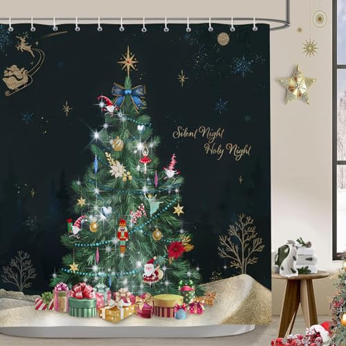 Bonhause Duschvorhang Weihnachtsbaum Geschenk Boxen Nacht des Wunders Duschvorhänge 180 x 180 cm Anti-Schimmel Wasserdicht Polyester Stoff Waschbar Bad Vorhäng für Badzimmer mit 12 Haken