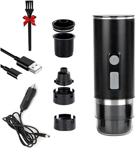 Self-Heating Portable Electric Espresso Machine with 5 Min, Self-Heating Travel Hot Coffee in Car, Rechargeable Battery 15 Bar Mini Small 12V 24V Car Coffee Maker, Capsule & Ground for Camping, Hiking