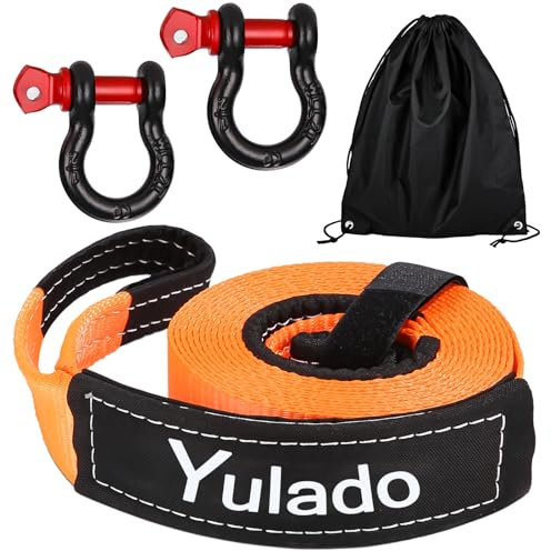 Yulado Abschleppseil Auto 10T, 5m x 5cm Abschleppgurt, mit Hohe Festigkeit' Schäkel Einer Bruchfestigkeit von 26,455 LBS, 1 Schwarze Aufbewahrungstasche, Pkw Abschleppseil, Auto, LKW,Wohnmobil,SUV