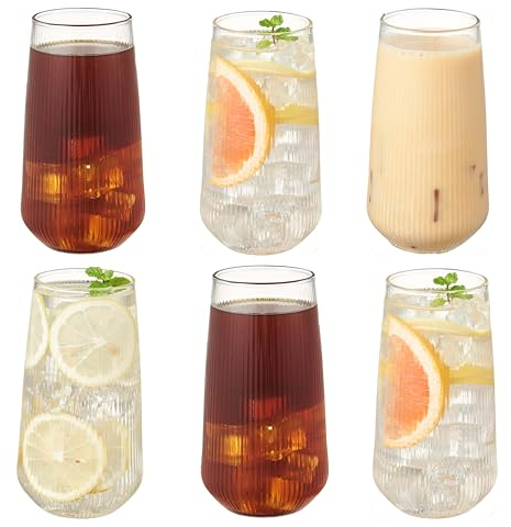 Eden & Willow Striped Highball Glasses, Set of 6 Drinking Water Glasses, Premium Borosilicate Glass, Tumbler Set Ideal for Cocktails & Cold Beverages