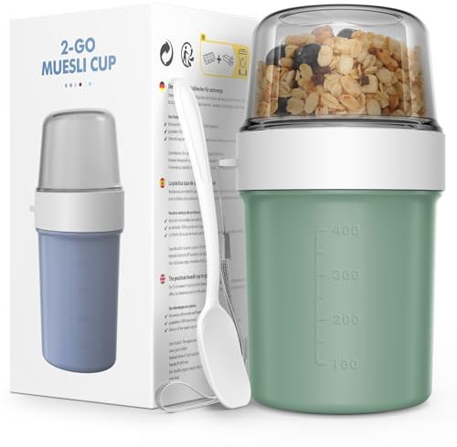JSCORES Müslibecher to Go mit Löffel, 560ml+310ml Auslaufsicherer Joghurt to go becher für Unterwegs (Morandi Grün)