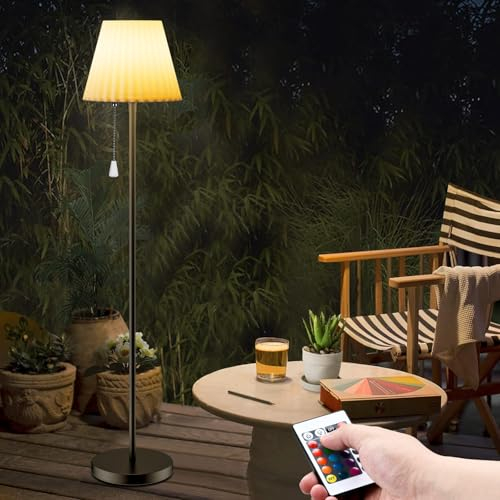 Onherm Lampadaire solaire exterieur intérieur, Lampadaire LED sans fil avec capteur de lumière, rechargeable, 14 couleurs, luminosité variable, 5 hauteur, étanche, pour jardin pelouse terrasse salon