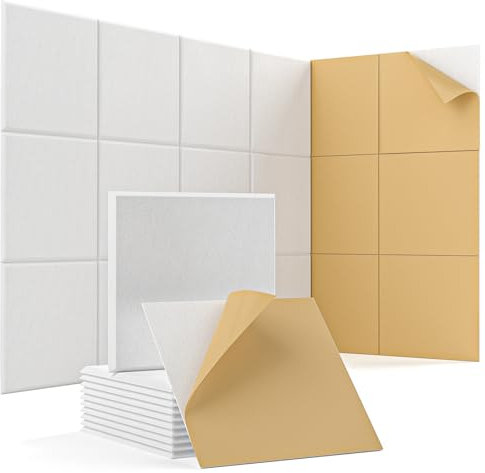 Woovio 12pcs Sound Proofing Panels Self-adhesive Acoustic Wall Panels High Density 12X12X0.4 Soundproofing Panels For Home, Offices And Recording Room White