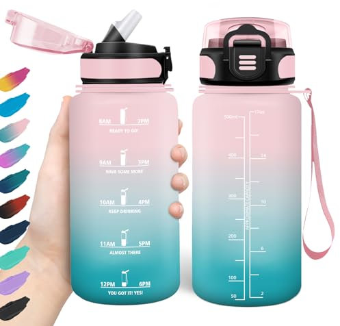 HoneyHolly Trinkflasche 500ml, Auslaufsicher, Wasserflasche BPA-Frei, Motivierende mit Zeitmarkierung, Trinkflasche mit Strohhalm, Trinkflasche Sport für Kinder, Fahrrad, Fitness, Schule, Büro