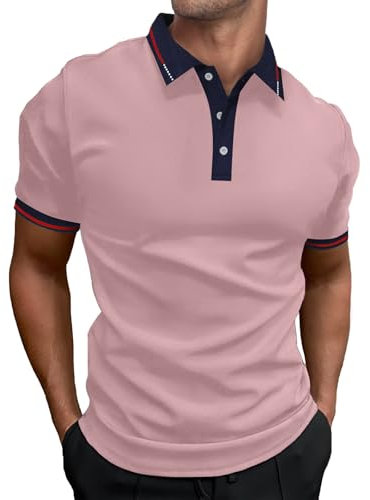 HMIYA Polo à manches courtes pour homme - Contraste - Polo classique pour homme, Rose, M