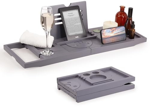 Woodluv Extendable Bamboo Bath Tray, Bathtub Tray Bathroom Caddy with Wine Glass, Candle, Phone, Tablet, Book Holder - Foldable Bath Board for Spa Experience - Adjustable Bath Rack, Dark Grey