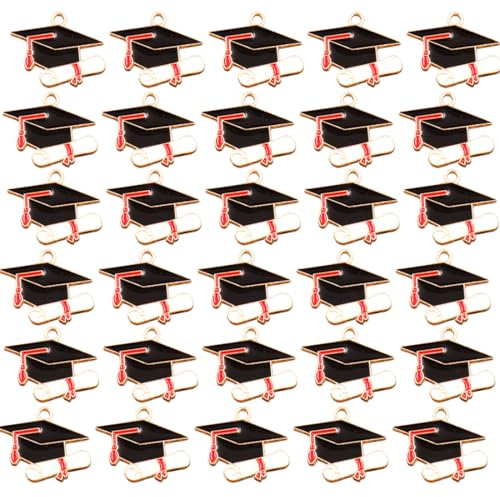 VODAFQS 50 colgantes con dijes para fiestas de graduación, color rojo, birrete de graduación y birrete de doctorado.