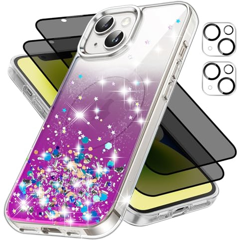 Qlfemna 5-in-1 Purple Glitzer Hülle für iPhone 13 / iPhone 14 mit 2X Privacy Schutzfolie 2X Kameraschutz Schutzhülle für Mädchen, Anti Spähen Folie Handyhülle mit Mag-Safe Kabellosem Laden Stoßfest