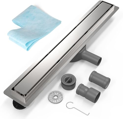 EFUTURETIME Duschränna 70 cm rostfritt stål golvbrunn kakelbar med sifon | Komplett set, duschavlopp extra platt, med 360°, luktstopp och hårsil 2-i-1, DN40/DN50 anslutningsrör, för duschar