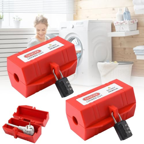 2 Stück Waschmaschinen Steckerschloss - Stromstecker Schutzbox mit Schloss | Abschließbare Kunststoff-Stromsteckerboxen für Waschmaschinen und Elektrogeräte mit 2 Passwortschlössern