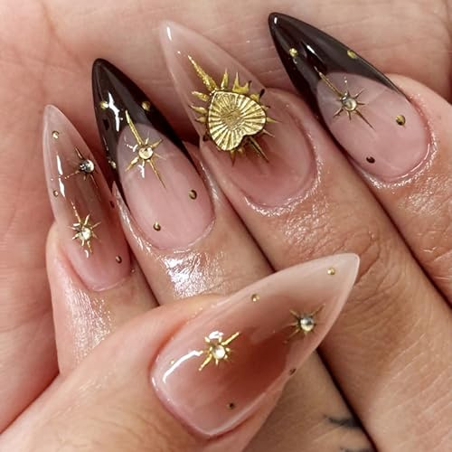 24Pcs Medium Press On Nails Almond, Black French Tip False Nails | Durable Acrylic Fake Nails, Gold Sunflower, Star Sparkling Diamond Decorations, Women DIY Nail Art