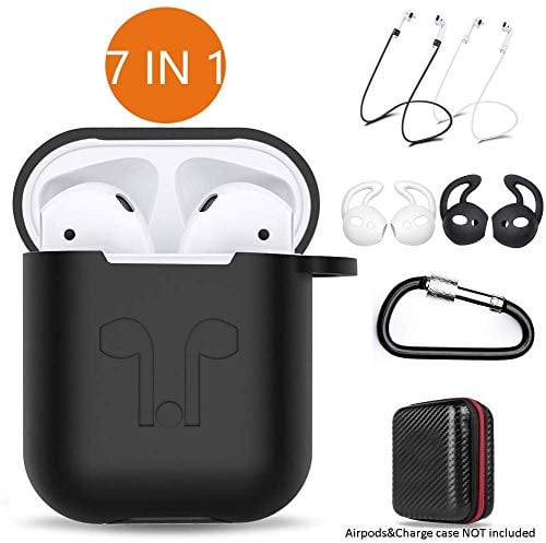 AirPods Case 7 in 1 Airpods Accessories Kits Protective Silicone Cover and Skin for Airpods Charging Case with Ear Hook Airpods Staps/Skin/Tips/Keychain (Black)