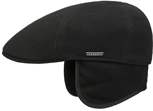 Stetson Texas Wool Ohrenschutz Flatcap Herren - Schiebermütze mit Kaschmir - Wintercap mit Earflaps (ausklappbar) - Herrencap mit Futter (Baumwolle) - Wollcap Herbst/Winter schwarz L (58-59 cm)