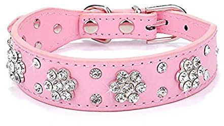 haoyueer Collier pour chien avec strass - Jolie fleur et strass - Collier bling bling en cuir synthétique - Tailles réglables - S, M, L - Rose