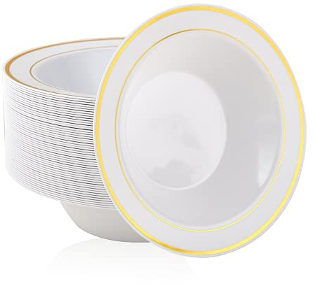 JOLLY PARTY 50PCS Plastic Bowls with Gold Rim-12oz disposable Soup Bowls, Christmas Thanksgiving Premium Dessert Salad Bowl for Wedding/Party