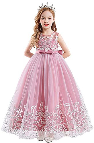WOCINL Robe de princesse en tulle pour fille - Robe de mariée, de demoiselle d'honneur - Longueur au sol - Pour concours de beauté, fête, soirée, danse, vieux rose, 11-12 ans