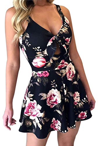 Minetom Jumpsuit Damen Kurz Playsuit Sommer Vintage Blumen V-Ausschnitt Romper Shorts Kurze Hose Rose 46