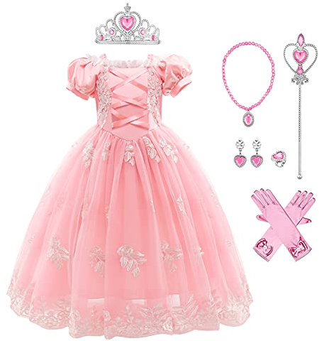 IBAKOM Enfants Filles Déguisement Raiponce Robe Hors Épaule Princesse Anniversaire Carnaval Noël Halloween Mariage Dentelle Tulle Robe Longue Costumes Halloween Rose-03 (avec Accessoires) 6-7 Ans