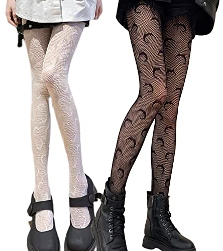 SERAPHY Strumpfhosen Damen Muster, Hohe Taille Sexy Netzstrumpfhose mit Reizvollen und Charmanten Aushöhlen Muster, Schiere Mesh Loch Strumpfhose-Schwarze Mond + Weiß Mond(2 paar)