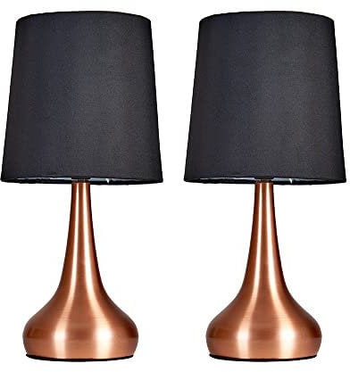 MiniSun | Pair of Modern Copper Teardrop Touch Bed Side Table Lamps with Black Fabric Shades | Table Lamps & Home Improvements Essential
