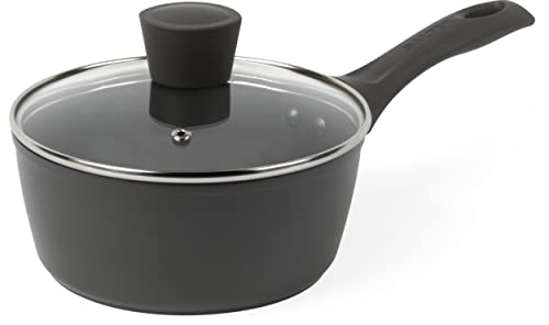 Salter BW11043EU7 Non Stick Saucepan - 18cm Corrosion Resistant Forged Aluminum, Tempered Glass Lid, PFOA Free, Dishwasher & Induction Hob Safe, Soft Touch Handle, Cosmos Collection, Matte Grey