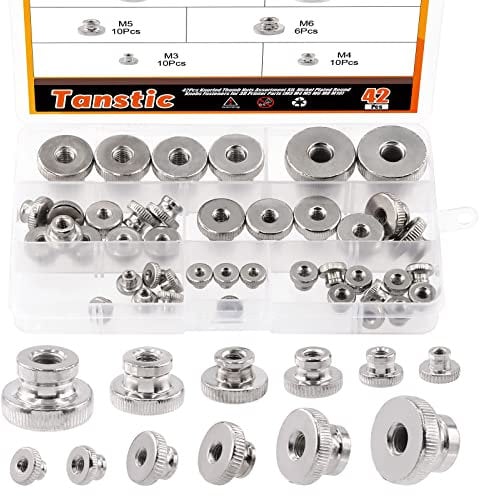 Tanstic 42Pcs Knurled Thumb Nuts, M3 M4 M5 M6 M8 M10 Round Knobs Fasteners with Nickel Plated Adjusting Nuts Metric Thread