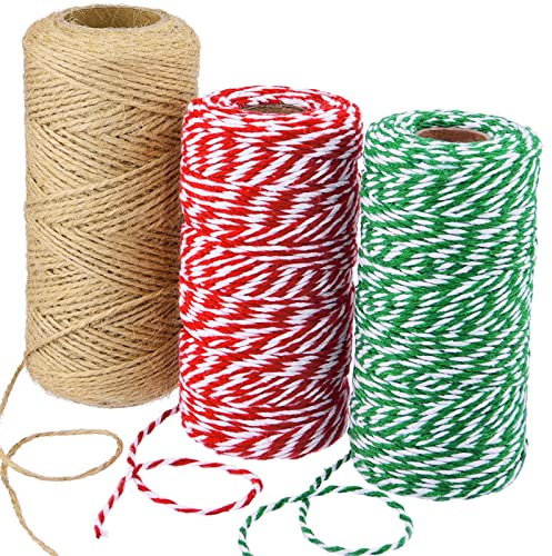 Hapeper 3 Rolls Christmas Twine Red Green Linen Cotton String for Gift Wrapping, Christmas Tree Wreath, Crafts, 984 Feet Totally (Christmas Style 1)