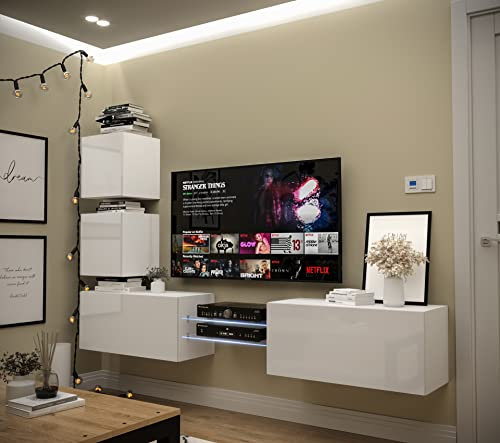 Furnitech Wohnwand Wohnzimmer | Wohnzimmer Möbel mit LED Blau | Hängend Wohnwand Modern | Wohnzimmer Schrankwand mit Regale und TV Schrank (AN100-21W-HG2-1A)