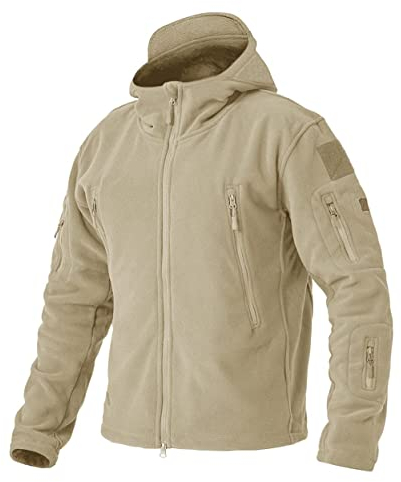 EKLENTSON Veste Polaire Coupe-vent pour Homme - Pour plein air - Avec Fermeture éclair et Capuche,Beige,L