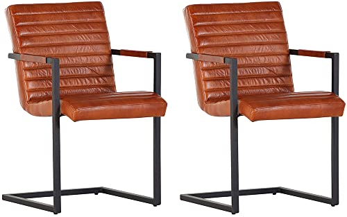 Lomadox Esszimmerstuhl 2er-Set Echtleder Freischwinger in Cognac, Metallgestell schwarz lackiert, mit Armlehnen, B/H/T: ca. 52/87/64 cm