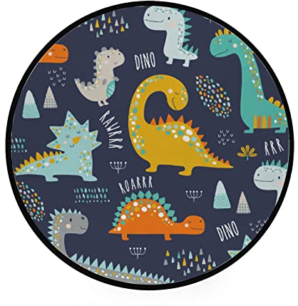 Teppiche mit großer Fläche, lustiger Dino mit tropischem Baum, runde Bodenmatte für Kinder und Jungen, rutschfester Teppich für Kinderzimmer, Wohnzimmer, Schlafzimmer, Yogamatte, Heimdekoration, 92 cm