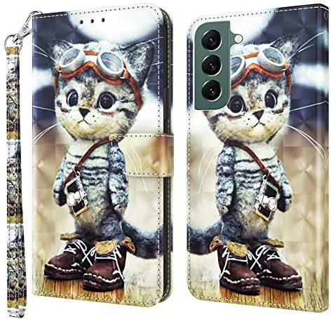 Rapuled Compatible with Samsung Galaxy S22 Case, Flip Shockproof PU Leather Wallet Phone Cover 3D Phone Case with Stand Magnetic Gel Silicone Bumper Back Slim Fit Case for Samsung S22 (Cat 2)