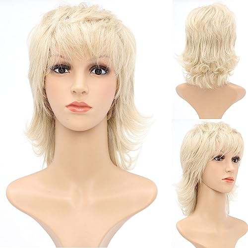 BESTUNG Kurze #88 Blonde Perücke Shaggy Layered 80s Mullet Perücke Pixie Cut Wig With Bangs Curly Synthetic Natural Fake Hair Ersatz Wigs for White Women Daily Party Cosplay Costume Use (Blonde #88)