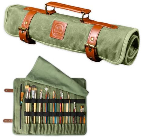 Earth & Fiber Co. Waxed Canvas & Leather Paint Brush Holder - Art Bag for Drawing & Painting Supplies - Art Storage Roll Bag for Artists