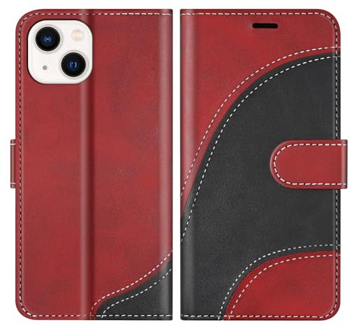 BoxTii Cover per iPhone 14, Custodia in PU Pelle Portafoglio, Magnetica Cover a Libro con Slot per Schede per iPhone 14, Rosso