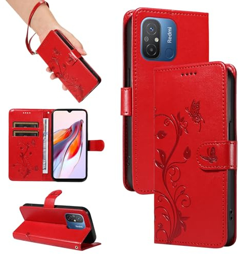 SRISHP Hülle für Redmi 12C / Redmi 11A 4G Handyhülle, Rot | Premium PU Leder, Handyhülle Mit Band, Magnet Flip Case, Kartenfächer, Ständer Klappbar Tasche, Standfunktion Schutzhülle