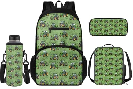 SCRAWLGOD Sac à dos pour enfants avec boîte à déjeuner, porte-bouteille d'eau, trousse à crayons 4 en 1 pour maternelle primaire, Vert tracteur