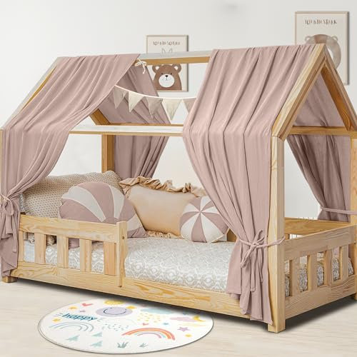 Hook Kit de décoration de lit de maison, pour chambre d'enfant, garçons et filles, avec 2 ciels de lit en mousseline et 1 guirlande de fanions, 135 x 270 cm, beige-rose