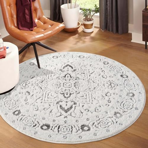carpet city Kurzflor Teppich Grau, Creme - 160 cm Rund - Wohnzimmer-Teppiche Hochtief-Muster, 3D-Effekt - Ornamente - Flachflor Bodenbelag, Deko Schlafzimmer