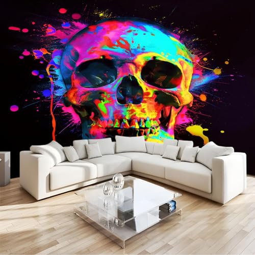 Black 3D Mural Neon Paint Skull Wall Mural Versatile Photo Wallpaper & Wall Sticker, for Bedroom Living Room & Home Décor, Including Kids’ Room Art Poster W250 X H175 Cm
