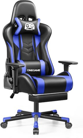 OneGame Gaming Stuhl mit Fußstütze, großer hoher Computerstuhl, 3D Armlehnen PC Bürostuhl, ergonomischer Videospielstuhl PU-Leder, für Gaming Büro 150KG-200KG, Blau