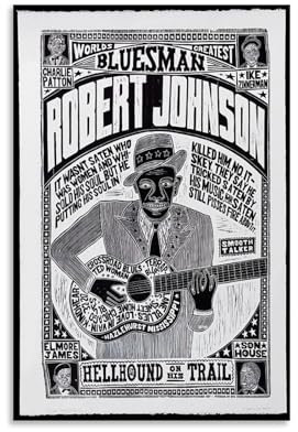 XFPOBH Poster auf Leinwand mit Robert Johnson Blues-Gitarre, Vintage-Poster, Wandkunst, Bild, Heimdekoration, Druck für Schlafzimmer, Wohnzimmer, 30 x 45 cm, ungerahmter Stil