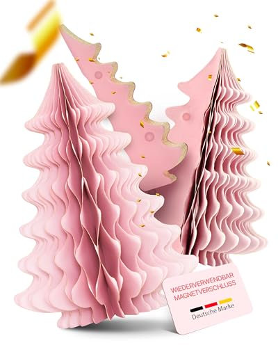 MJhomely® Papier Weihnachtsbaum Set [Rosa, 3 Stück] - Faltbarer Weihnachtsbaum als Elegante, skandinavische Weihnachtsdeko - Waben Tannenbaum Papier - Faltbaum Weihnachten Deko - Weihnachtsschmuck
