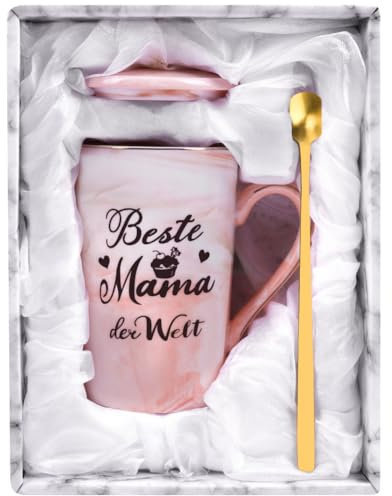 HOTUT Tazze da caffè Festa della Mamma,Regalo Mamma Compleanno Tazza 400ml,Tazze in Marmo Ceramico da 400 ml,Cucchiai e Coperchio per Biglietti D'auguri, Bellissima Scatola - Rosa