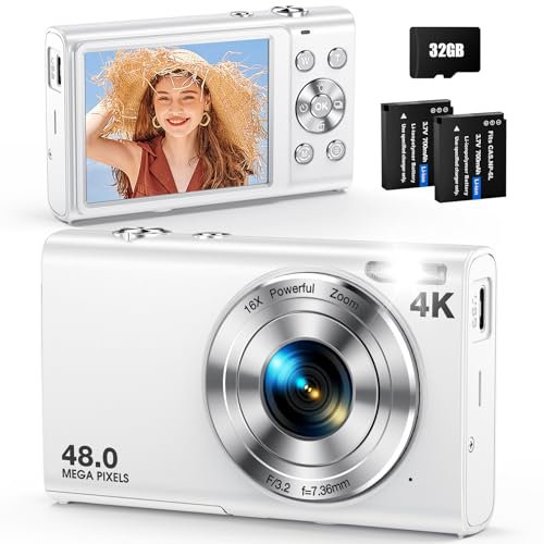Digital Camera, Autofocus 48MP UHD 4K Vlogging Camera 16X Digital Zoom, Portable Compact Point and Shoot Digital Camera for Teens Adult Beginner with 32GB Card, 2 Batteries, Lanyard (White)